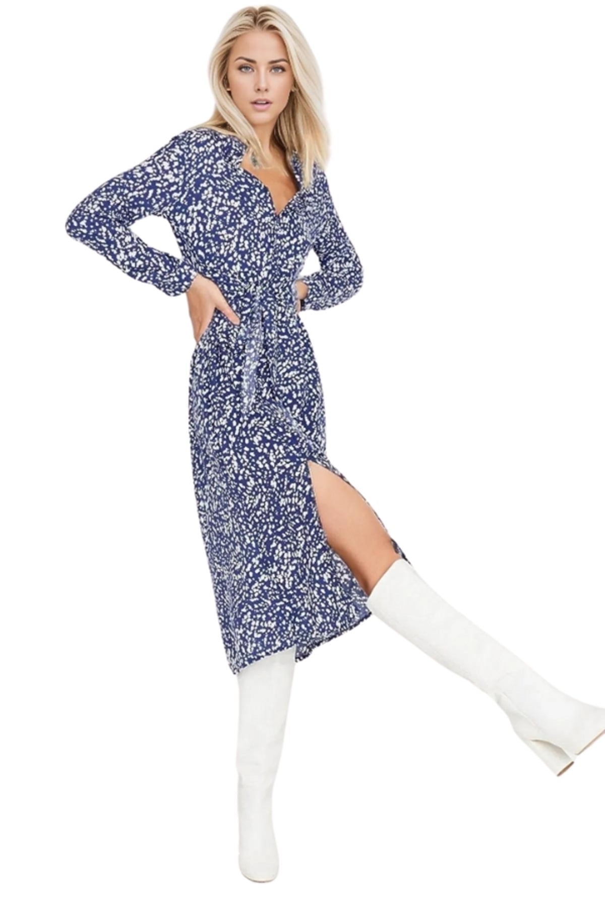 Tessa Women's Viscose Floral Midi Shirt Dress - Blue and White Floral Print