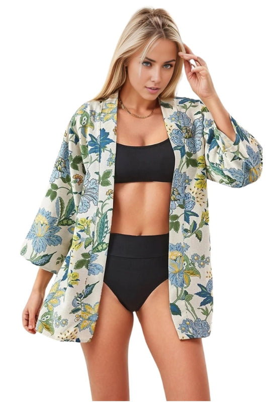 Catherine Women's Linen-Viscose Blend Relaxed Fit Kimono - Light Blue and Green Floral