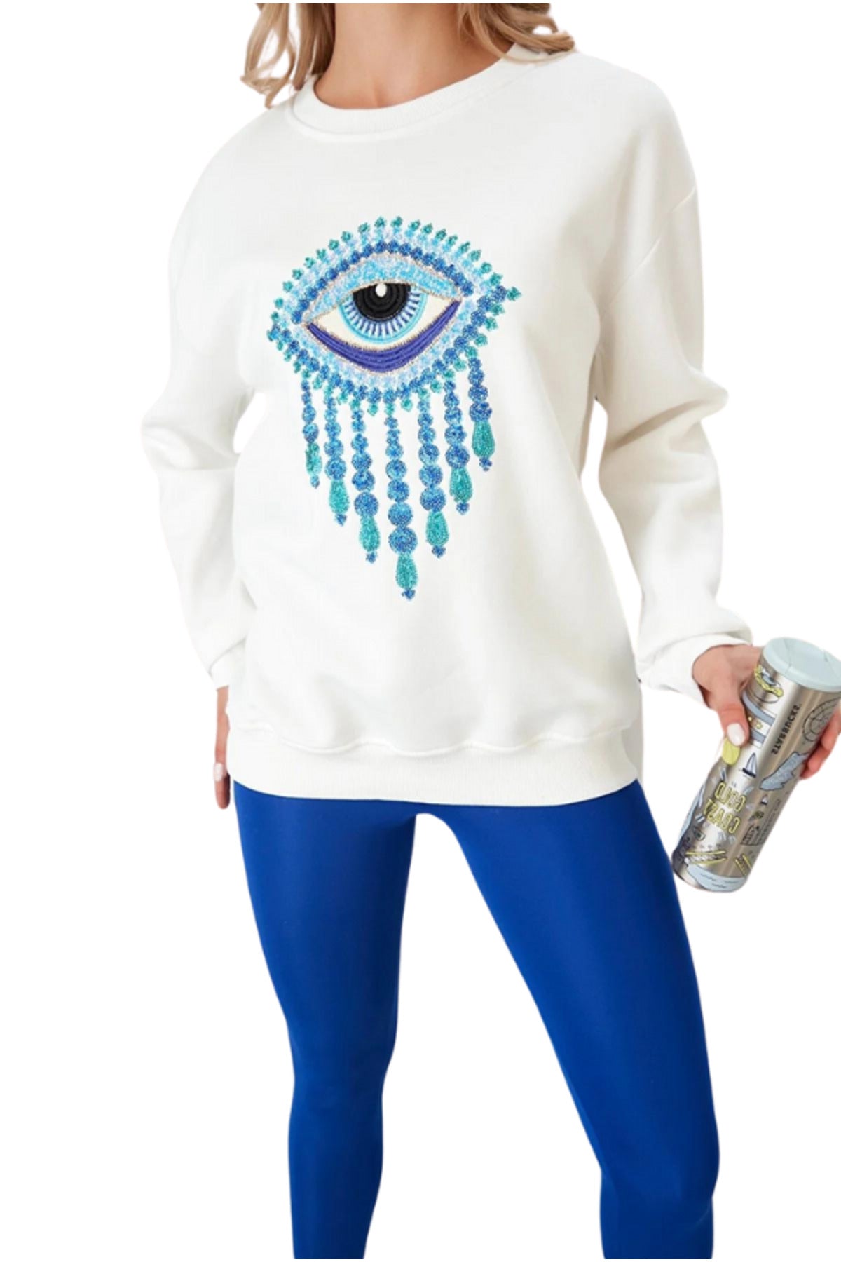 Ava Women's Cotton Embellished Evil Eye Sweatshirt - White