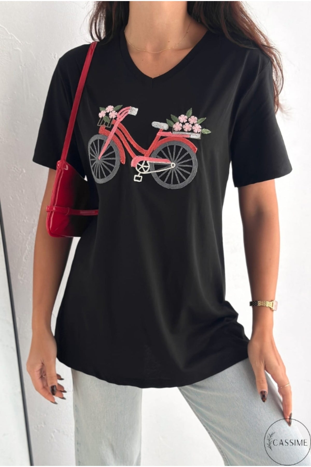 Nora Women's Cotton Plus Size Graphic T-Shirt - Black Bicycle Print