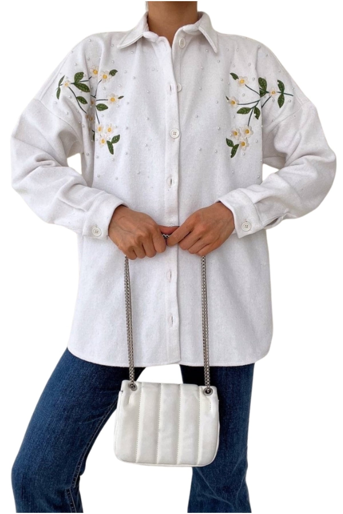 Lydia Women's Wool Daisy Embroidered Shacket - White