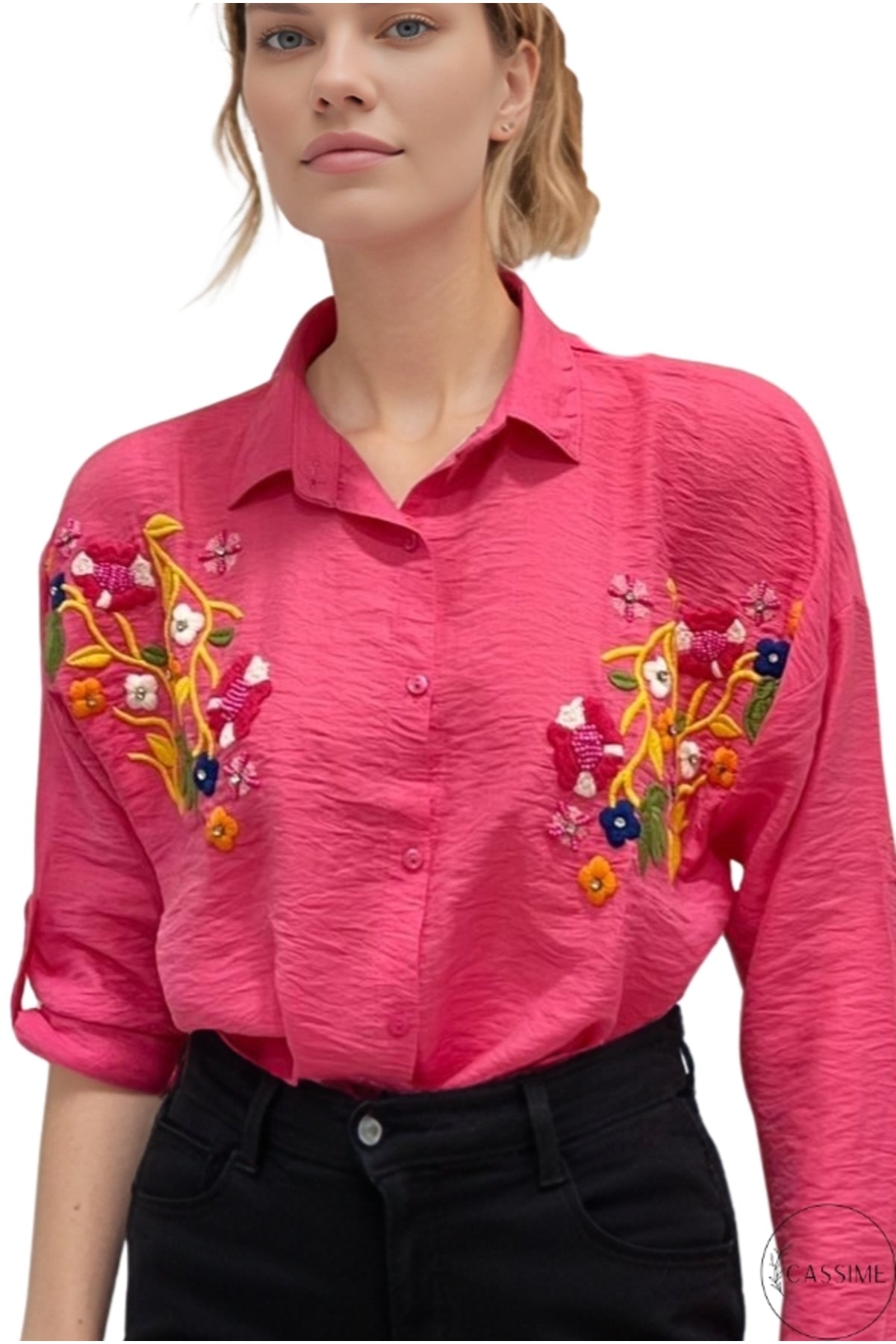 Claire Women's Floral Embellished Button-Up Shirt - Fuchsia Floral Embroidery