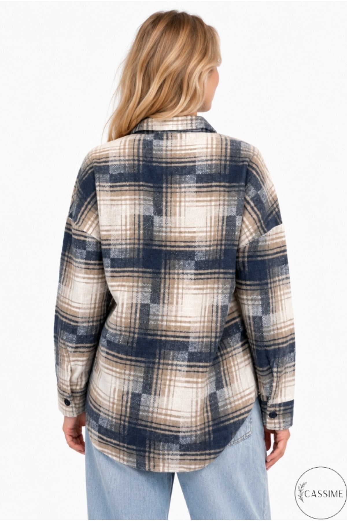 Eleanor Women's Plaid Shacket - Navy and Brown Ecru