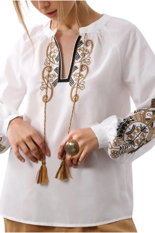 Nicole Women's Cotton Embroidered Long Sleeve Blouse - White with Gold Embroidery