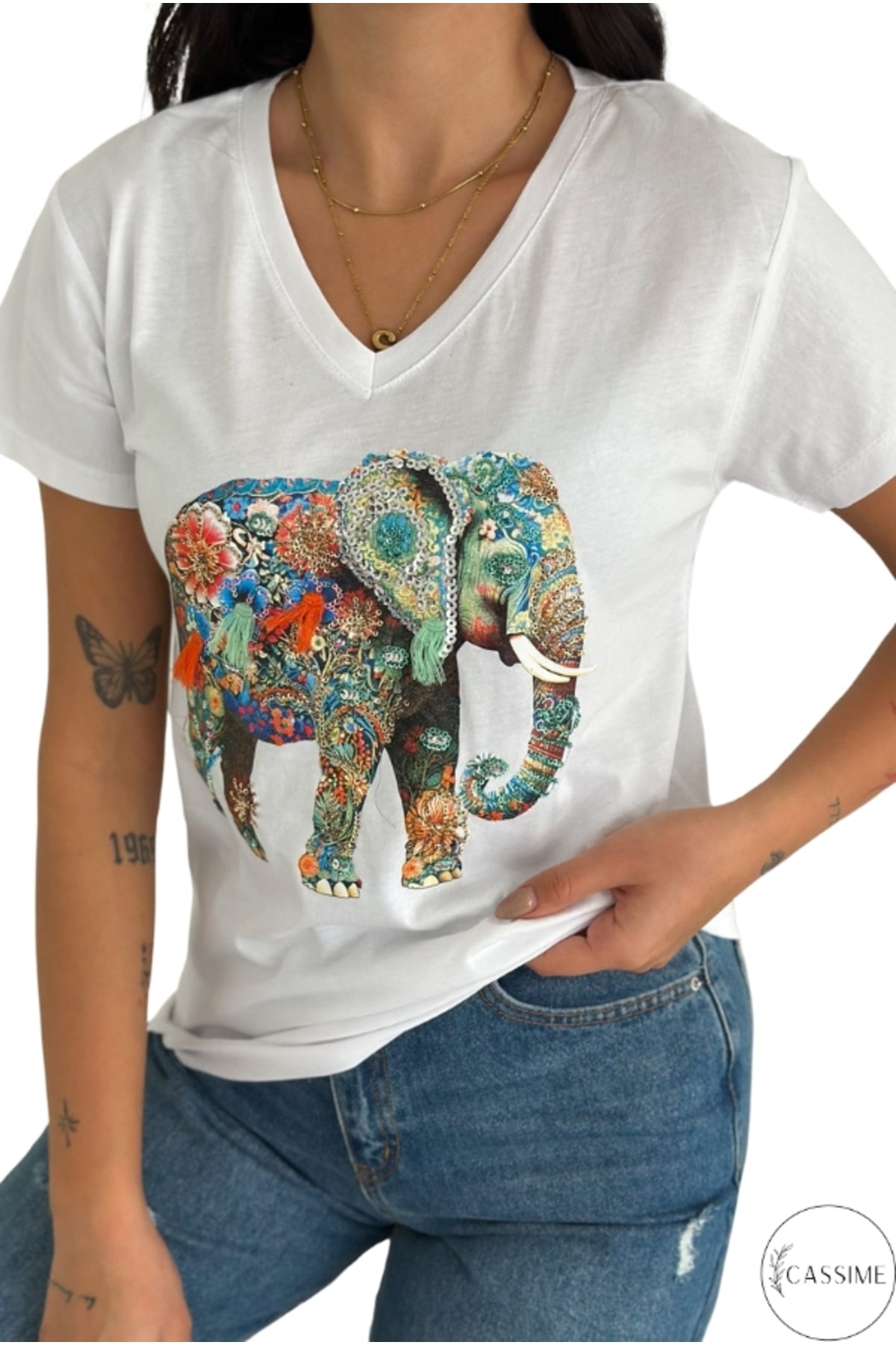 Olivia Women's Cotton Plus Size Embellished V-Neck T-Shirt - White with Multicolor Elephant Sequins