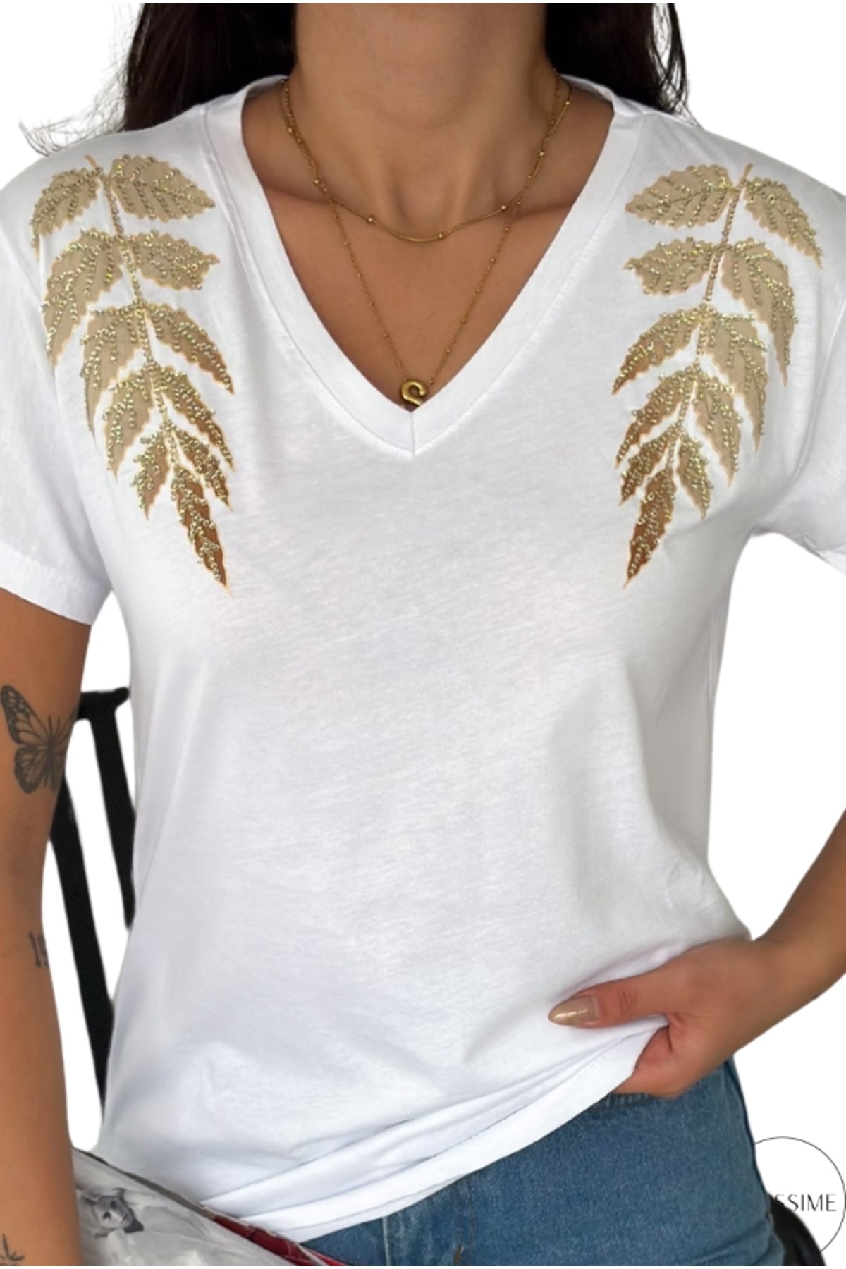 Olivia Women's Cotton Plus Size Embellished V-Neck T-Shirt - White with Gold Leaf Shoulder Sequins