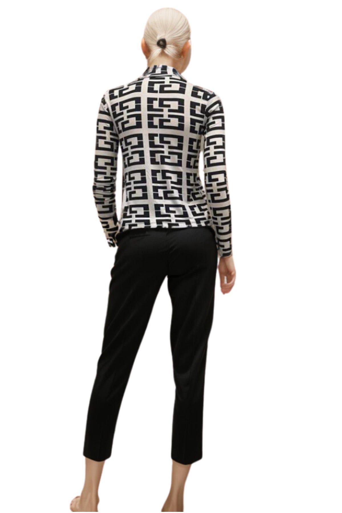 Sarah Women's Printed Slim Fit Long Sleeve Blouse - Black and White
