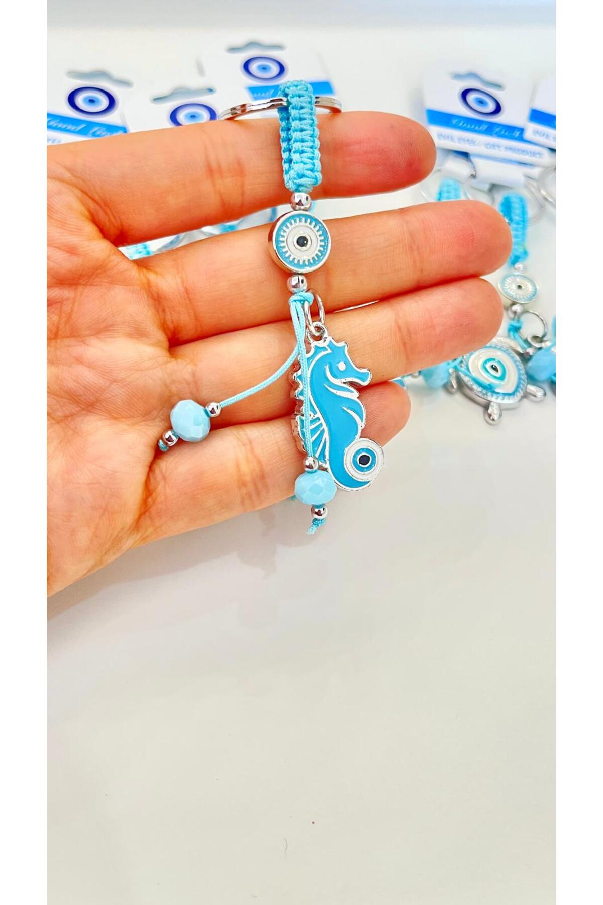Abigail Silver-Plated Evil Eye Keychain - Light Blue Seahorse