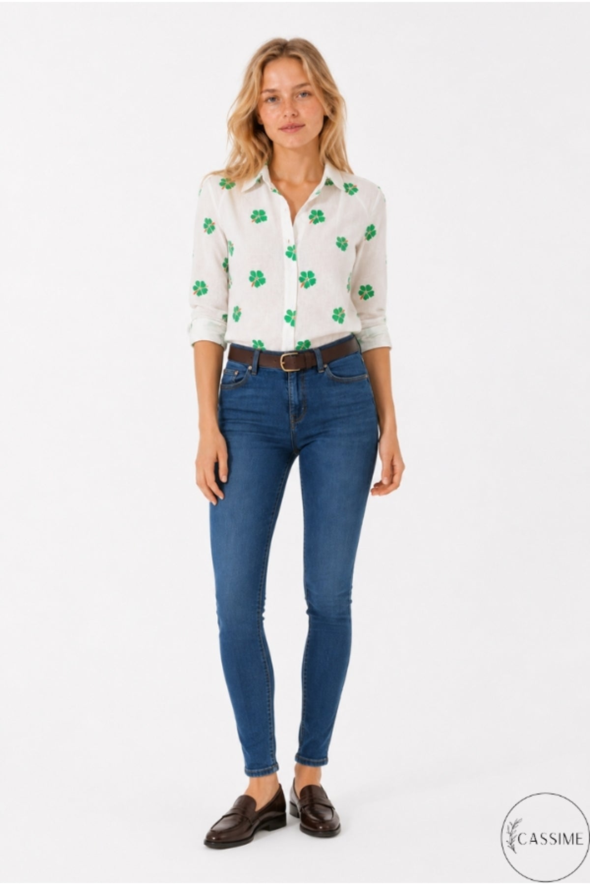 Robyn Women's Linen Blend Roll-Sleeve Button-Up Shirt - White with Green Clover Print