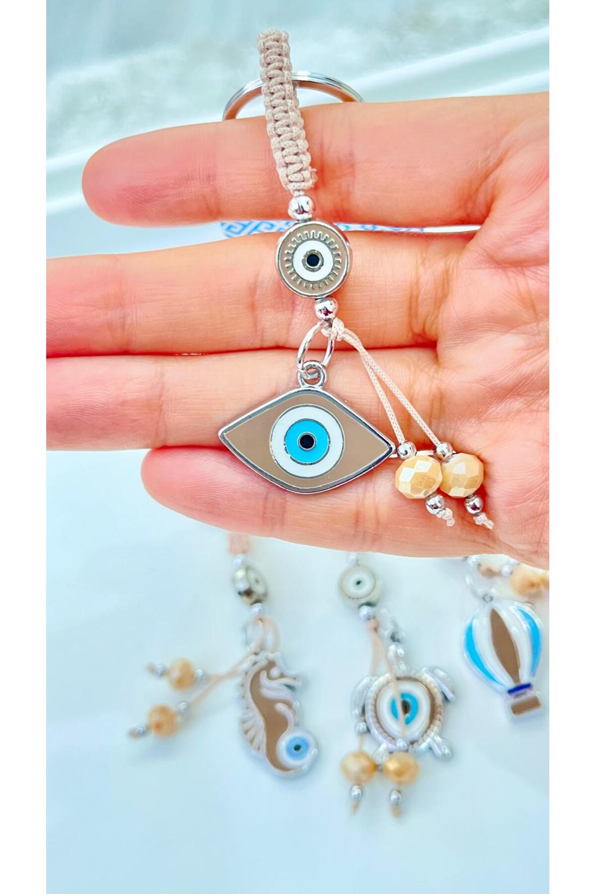 Abigail Silver-Plated Evil Eye Keychain - Beige Oval Evil Eye Pattern