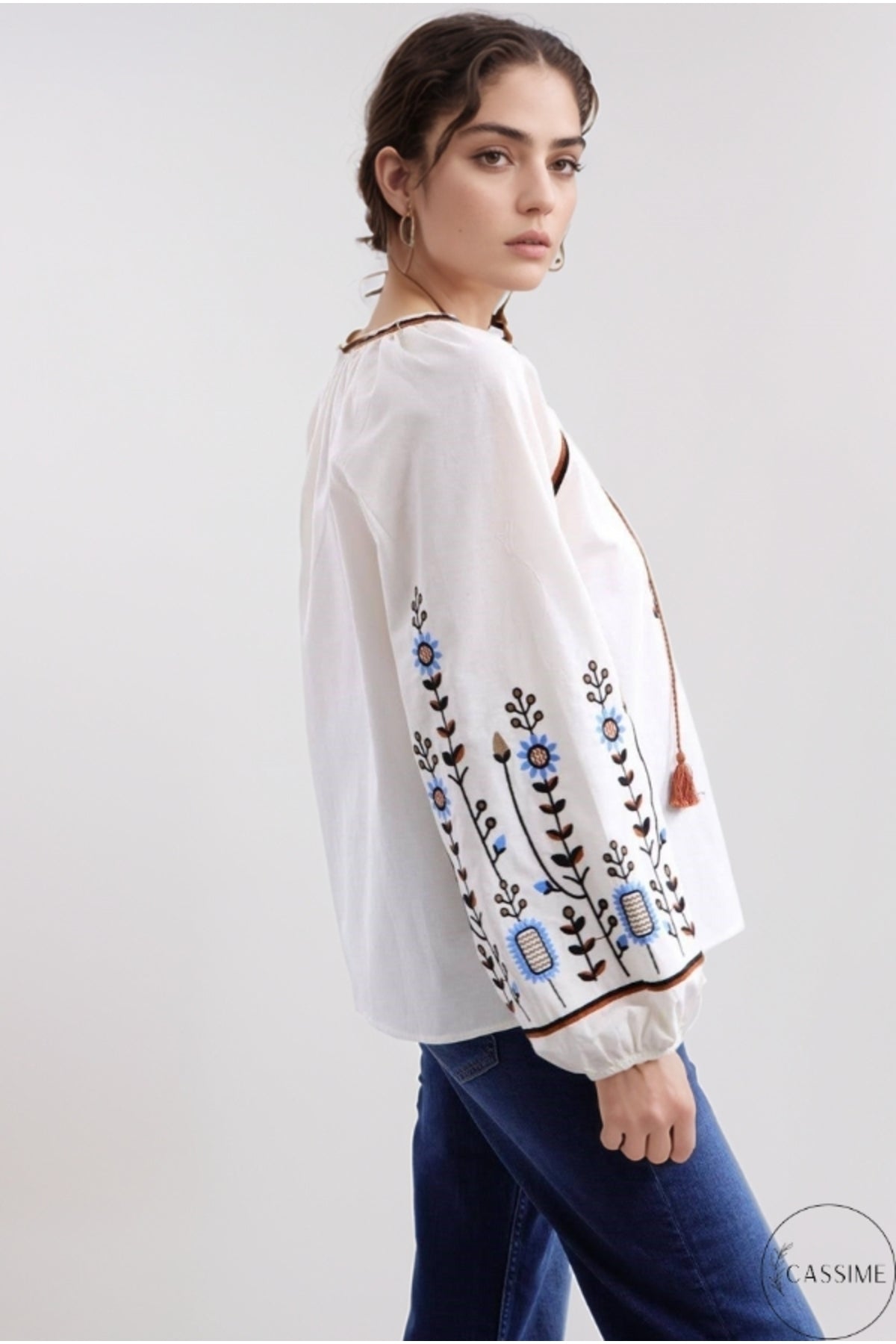 Frances Women's Cotton Embroidered Long Sleeve Blouse - White