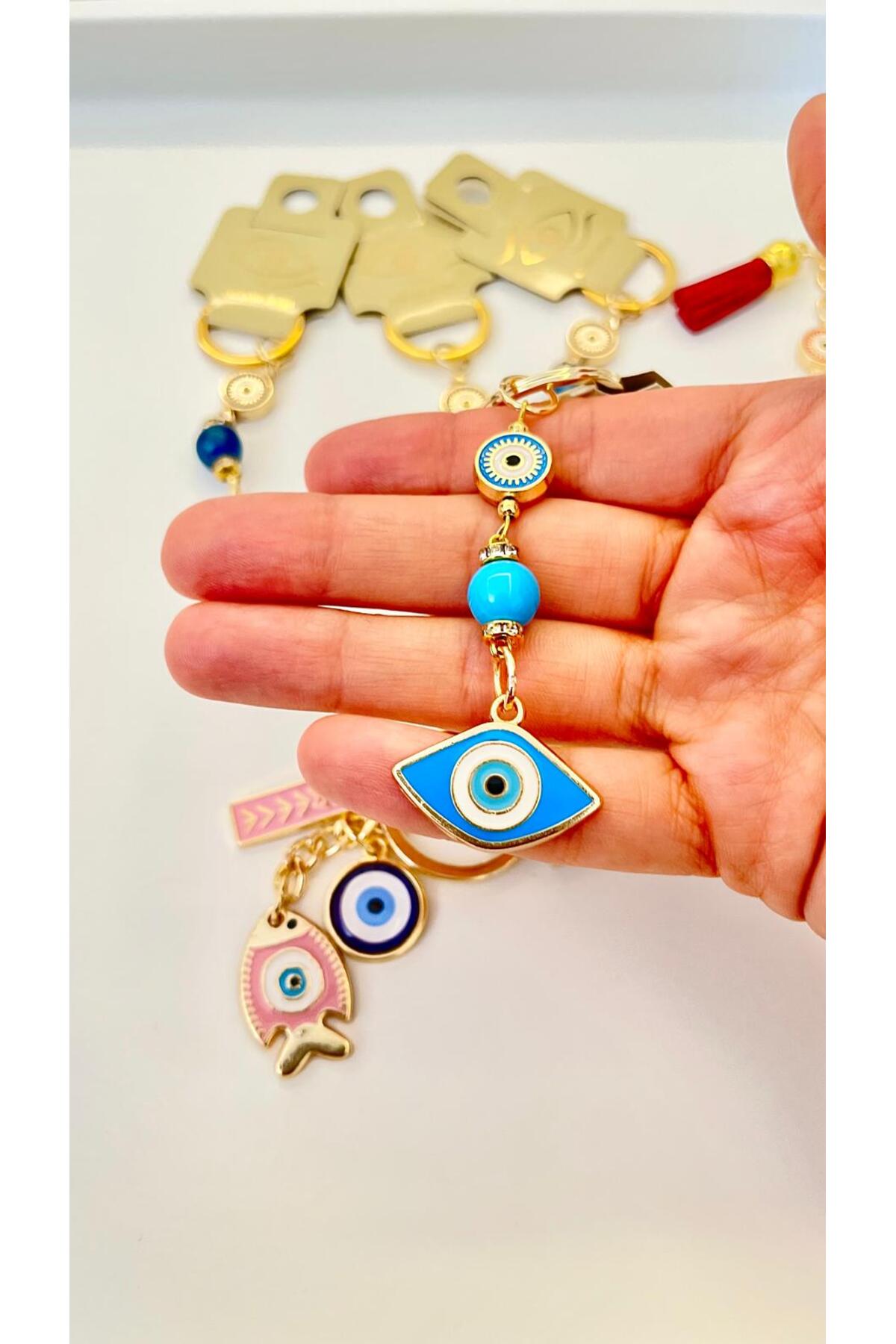 Hannah Gold-Plated Bodrum Bead Keychain - Blue Oval Evil Eye
