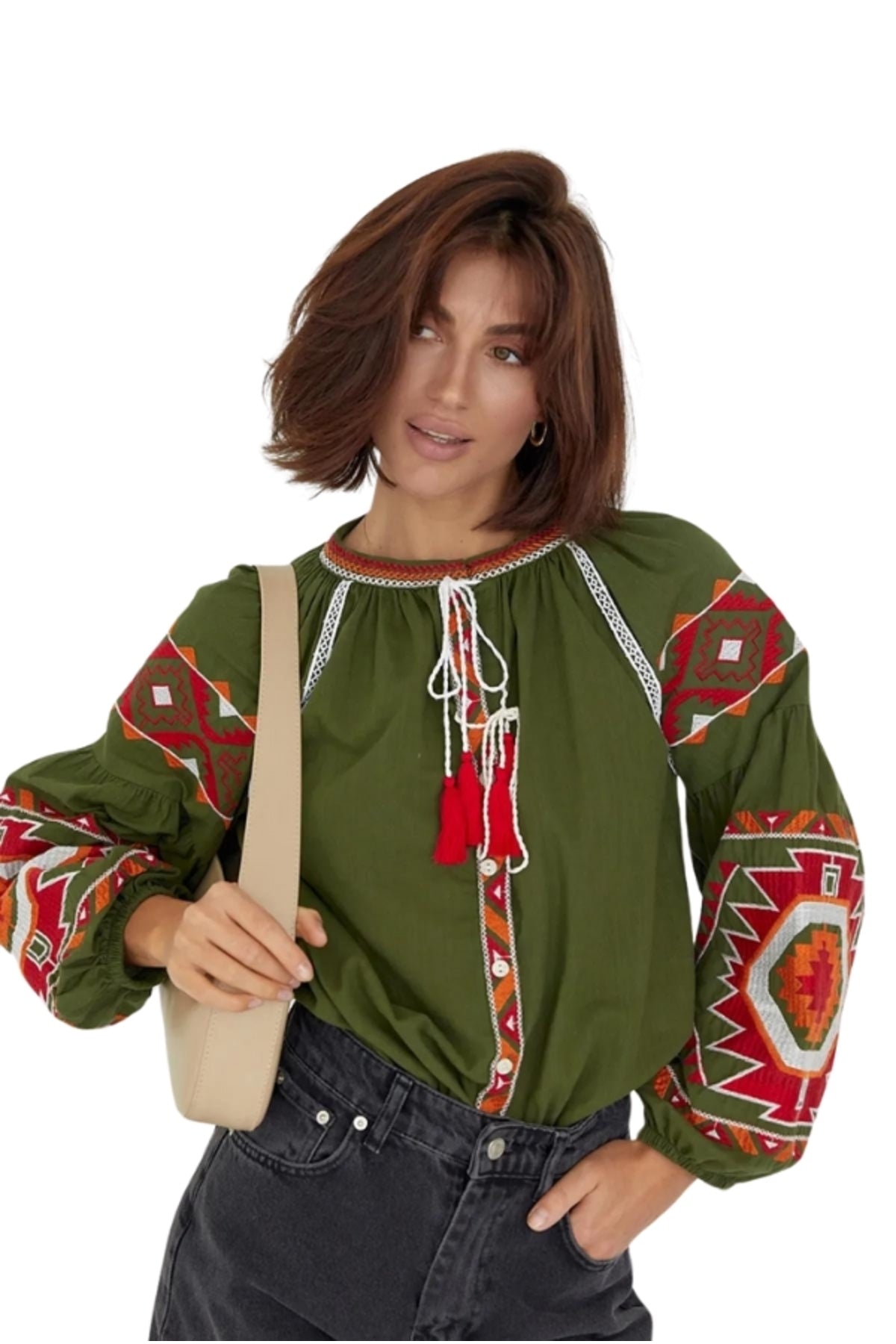 Penelope Women's Cotton Vintage Inspired Embroidered Blouse - Green