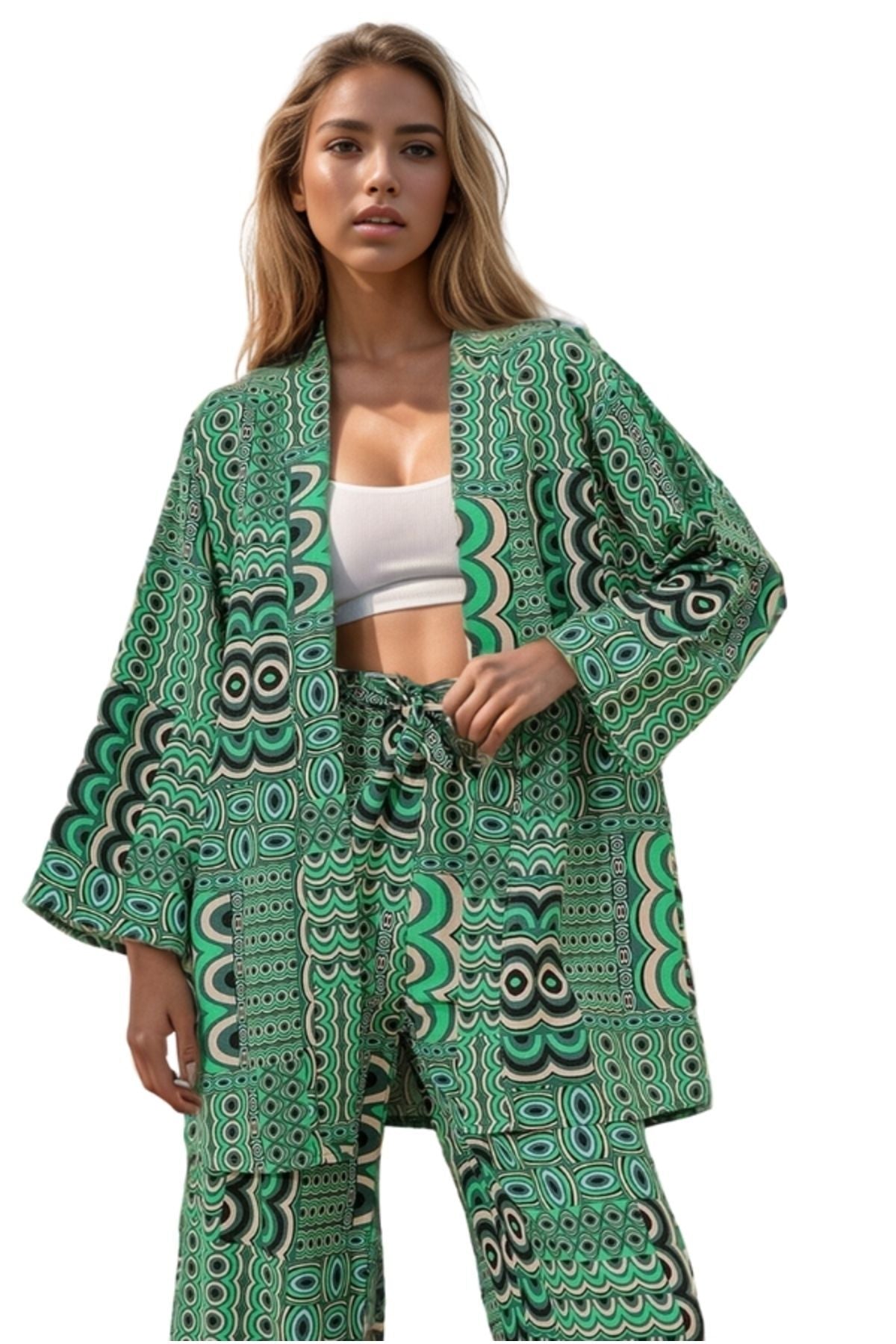 Catherine Women's Linen-Viscose Blend Relaxed Fit Kimono - Green Geometric Print
