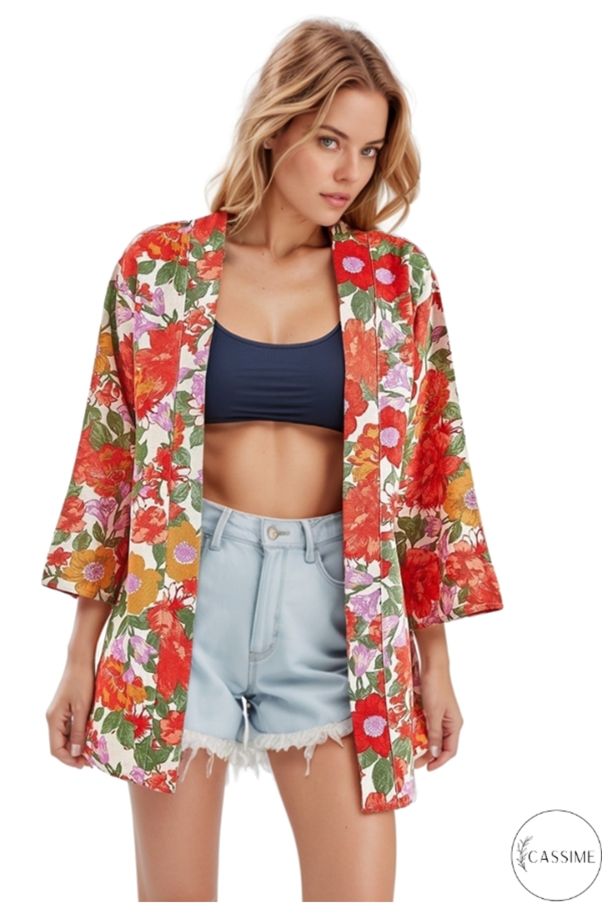 Catherine Women's Linen-Viscose Blend Relaxed Fit Kimono - Bright Red Floral