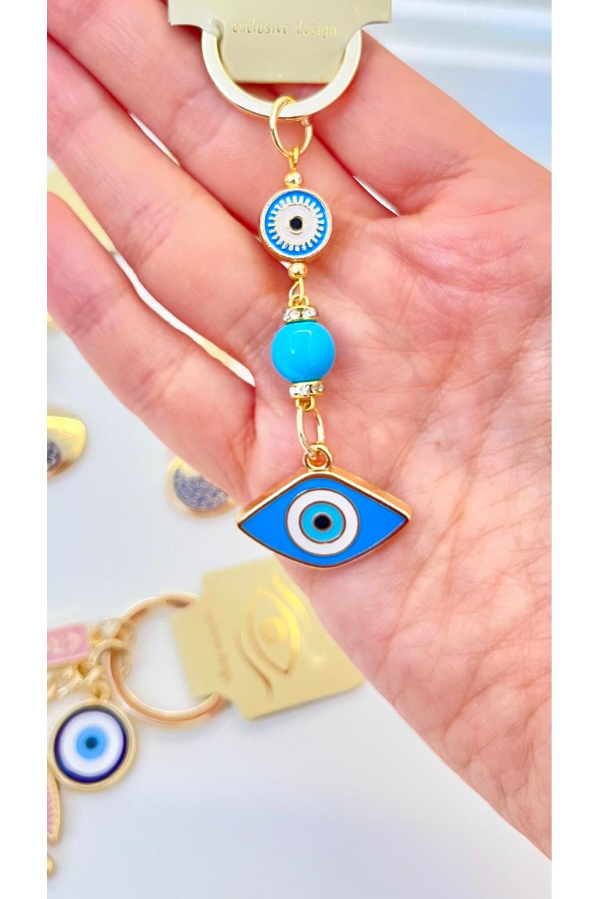 Hannah Gold-Plated Bodrum Bead Keychain - Blue Oval Evil Eye