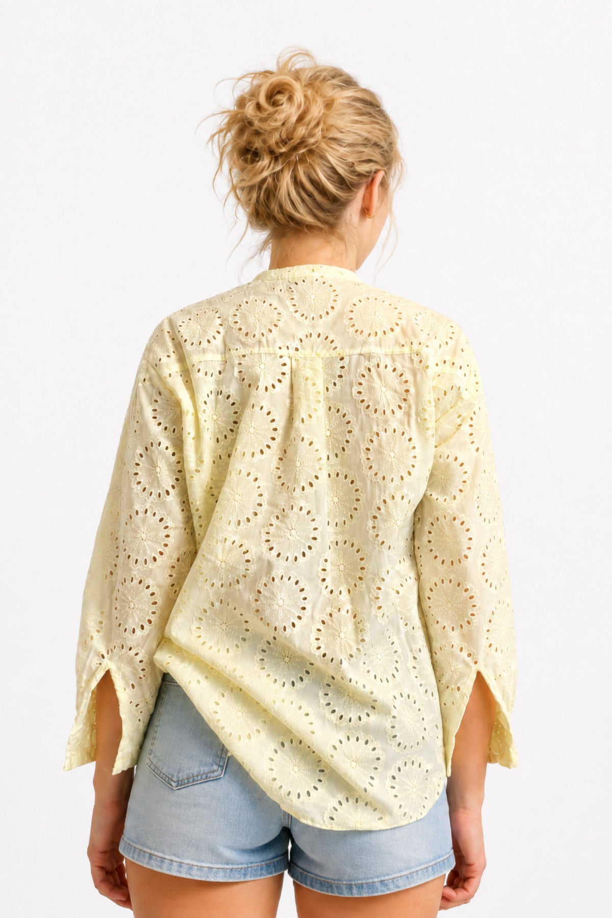 Isla Women's Cotton Embroidered Relaxed Fit Shirt - Light Yellow