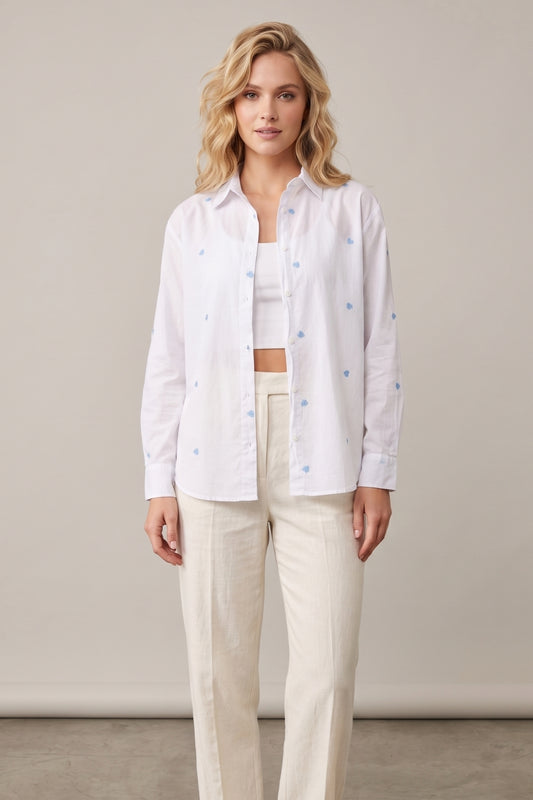 Ella Women's Cotton Embroidered Button-Up Shirt - White with Blue Hearts