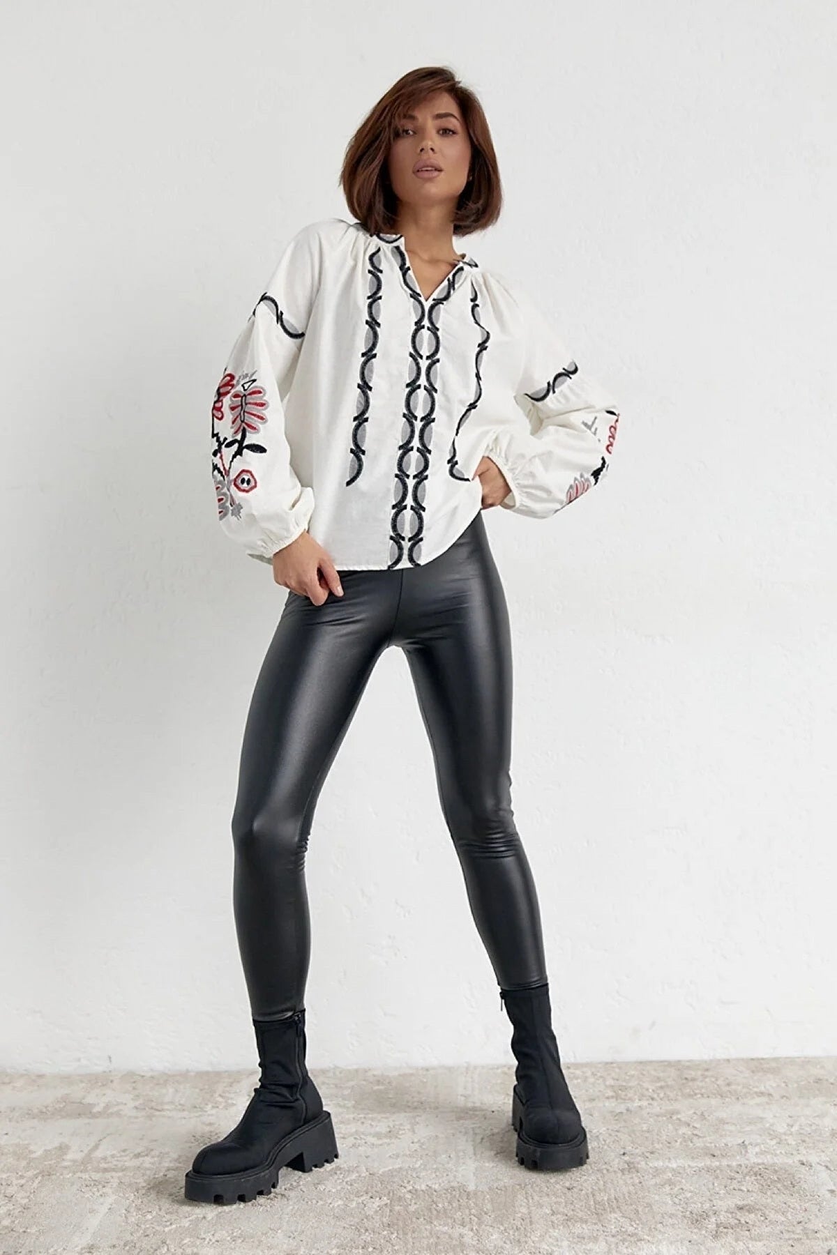 Rosa Women's Cotton Embroidered Long Sleeve Tie Blouse - Ecru