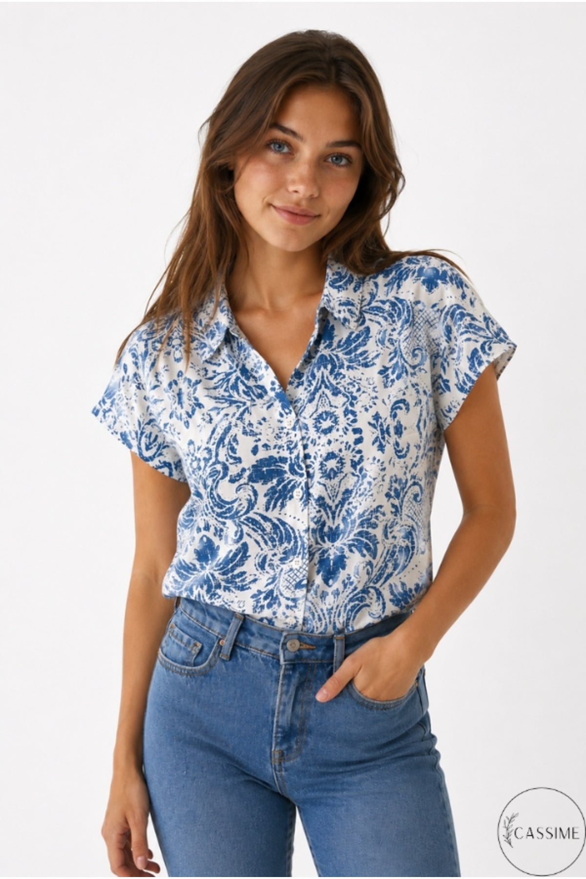 Charlotte Women's Viscose Short Sleeve Batwing Shirt - Blue Boho Floral