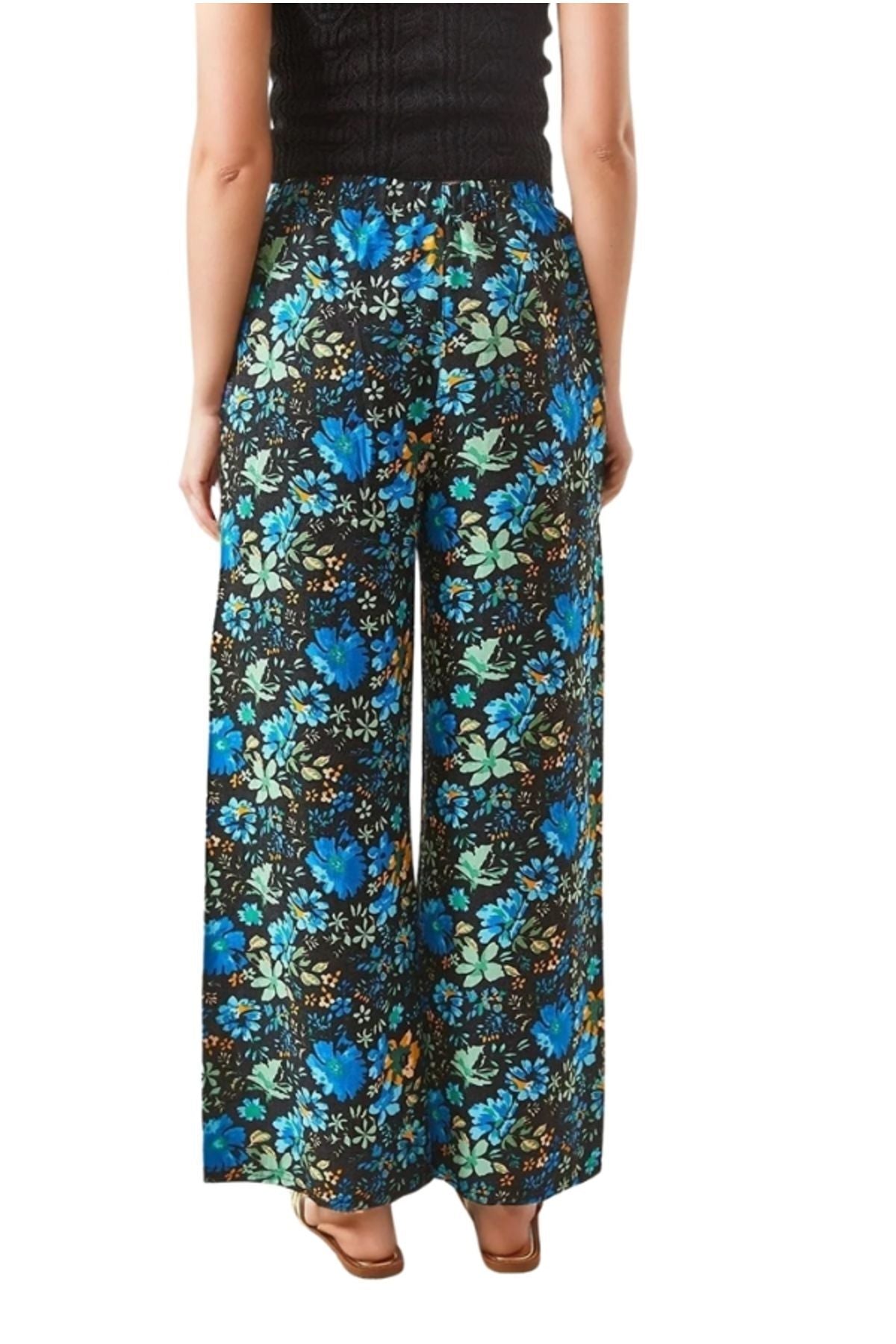Lucy Women's Linen Blend Wide Leg Palazzo Pants - Black with Blue Floral Print