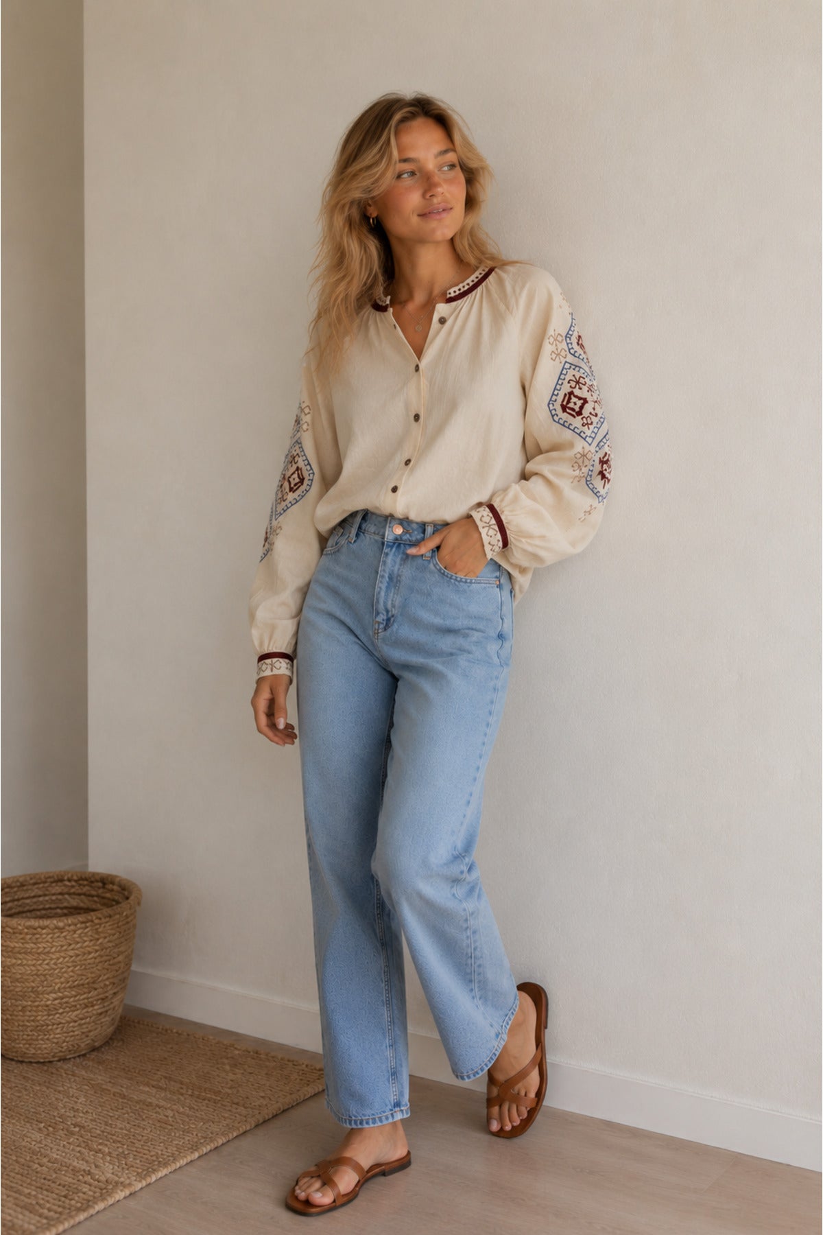 Judith Women's Cotton Vintage Inspired Embroidered Shirt - Beige