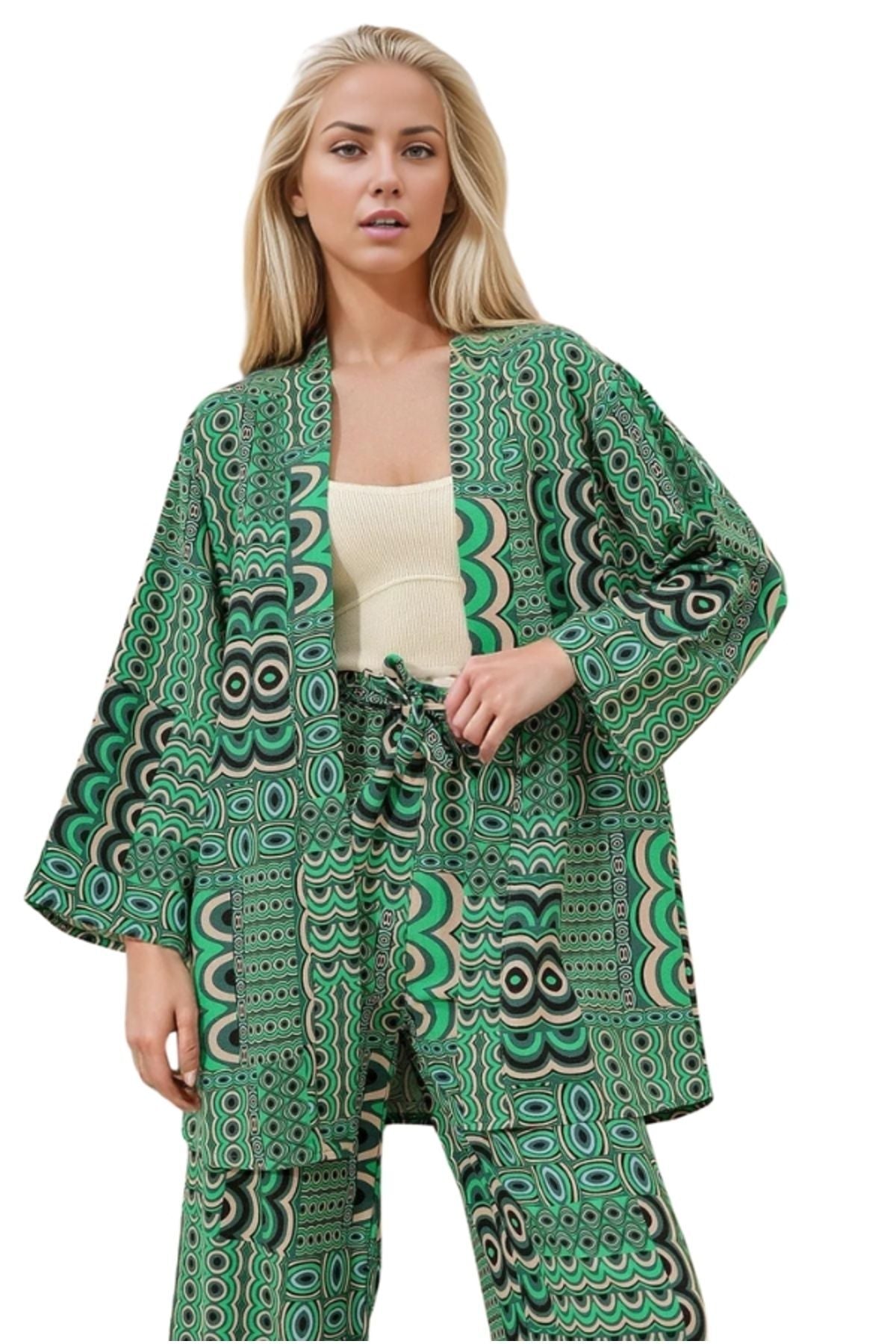 Catherine Women's Linen-Viscose Blend Relaxed Fit Kimono - Green Geometric Print