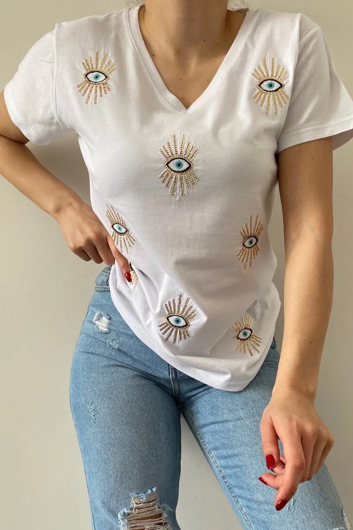 Olivia Women's Plus Size Embellished V-Neck T-Shirt - White Evil Eye Sequin Embellishment