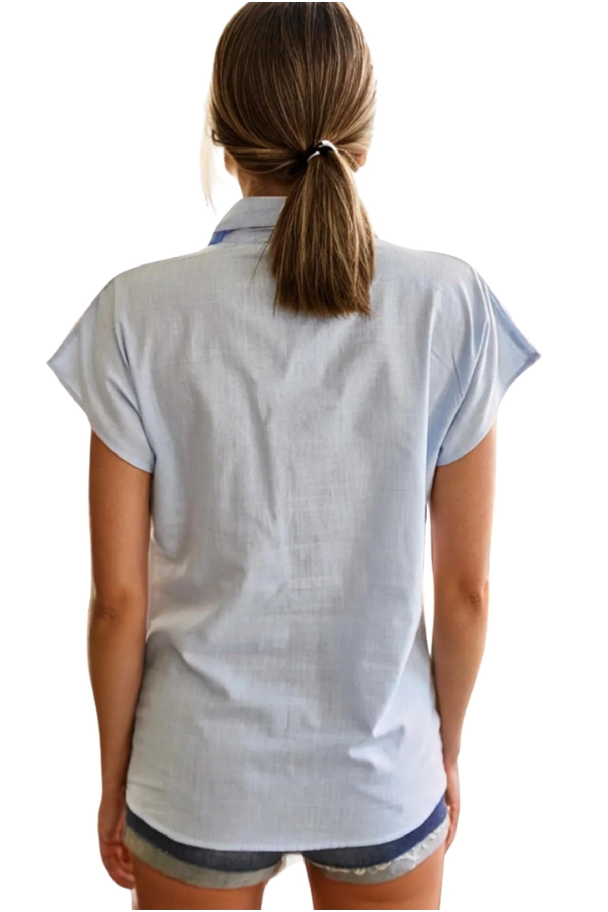 Elizabeth Women's Linen-Viscose Blend Short Sleeve Batwing Shirt - Light Blue
