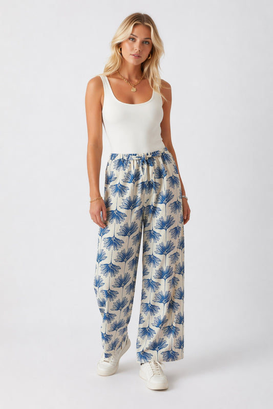 Lucy Women's Linen Blend Wide Leg Palazzo Pants - Blue Ginkgo