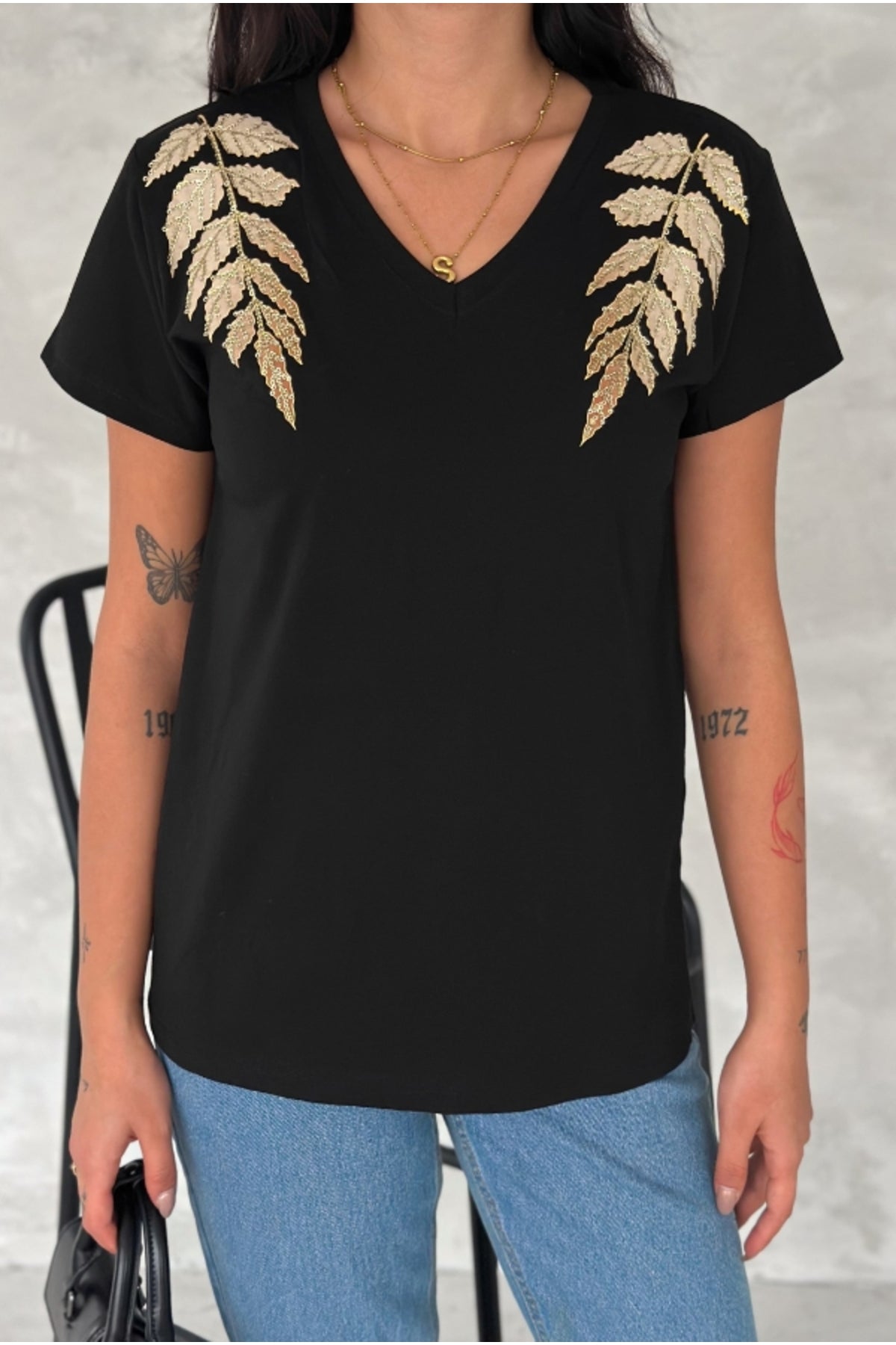 Olivia Women's Cotton Plus Size Embellished V-Neck T-Shirt - Black with Gold Leaf Shoulder Sequins
