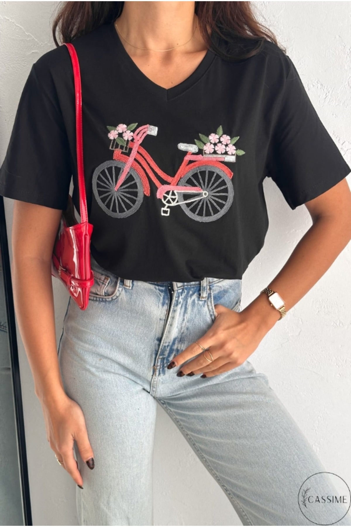 Nora Women's Cotton Plus Size Graphic T-Shirt - Black Bicycle Print