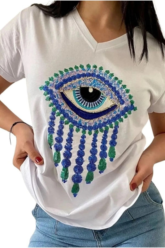 Olivia Women's Cotton Plus Size Embellished V-Neck T-Shirt - White with Blue Evil Eye Sequins