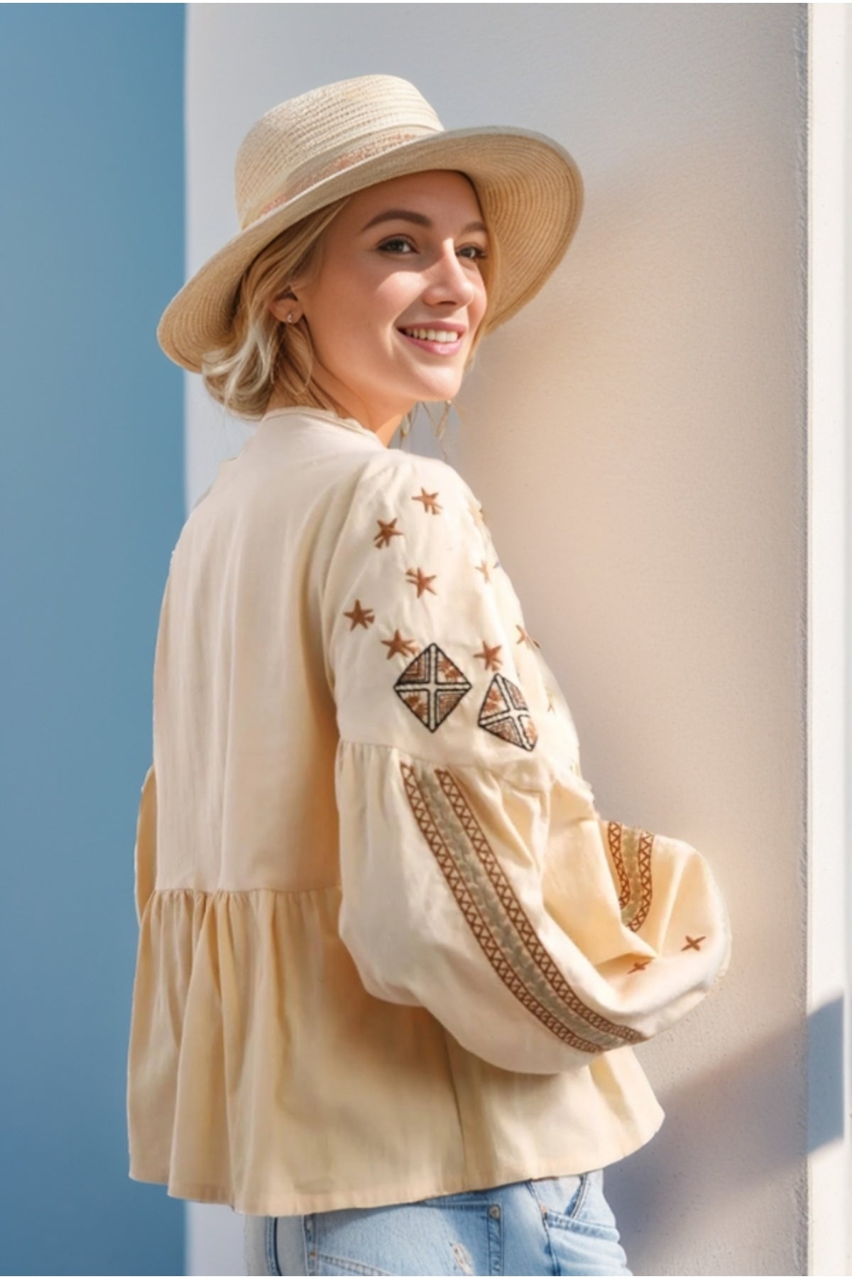 Pippa Women's Cotton Floral Embroidered Long Sleeve Blouse - Beige and Brown