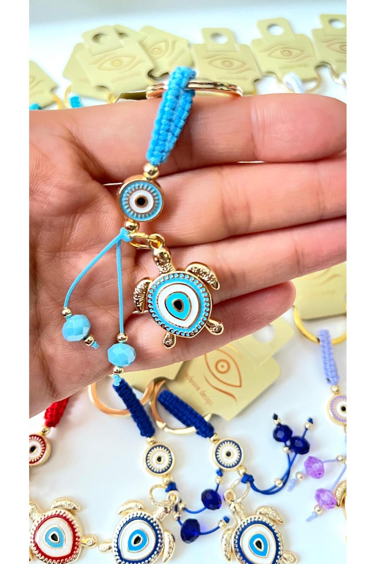Ivy Gold-Plated Evil Eye Keychain - Light Blue Turtle Design