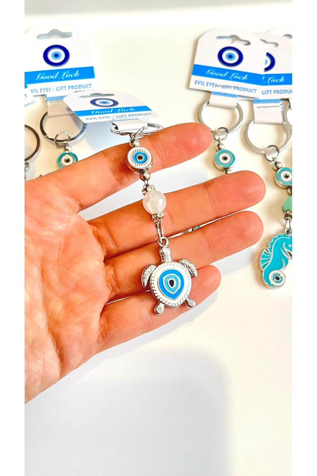 Abigail Silver-Plated Evil Eye Keychain - White Metal Turtle
