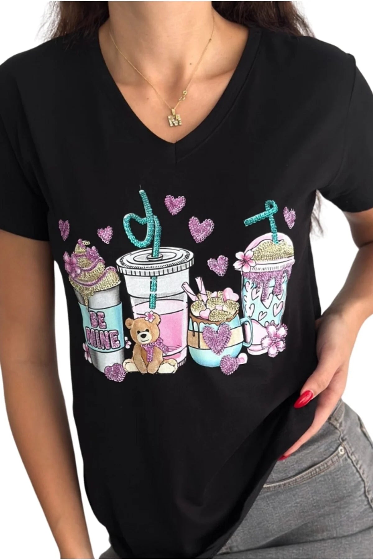 Tilda Black Bear Floral Design Cotton T-shirt