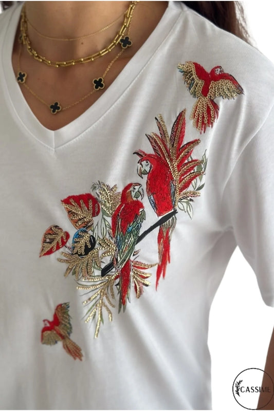 Tilda White Parrot Floral Design Cotton T-Shirt