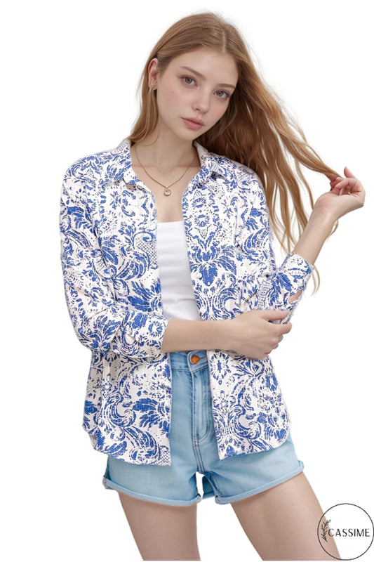 Eva Women's Viscose Graphic Print High-Low Shirt - Blue Graphic Print