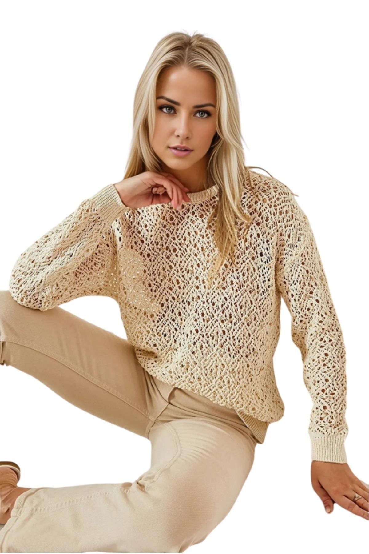 Eden Women's Openwork Knit Sweater - Beige