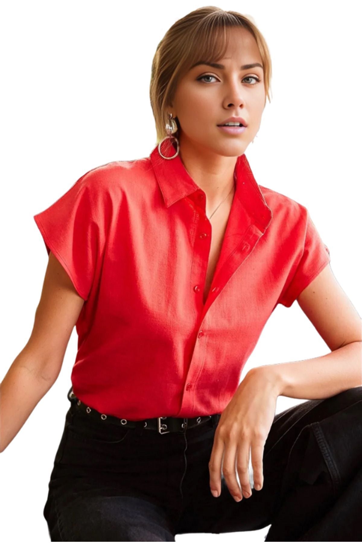 Elizabeth Women's Linen-Viscose Blend Short Sleeve Batwing Shirt - Red