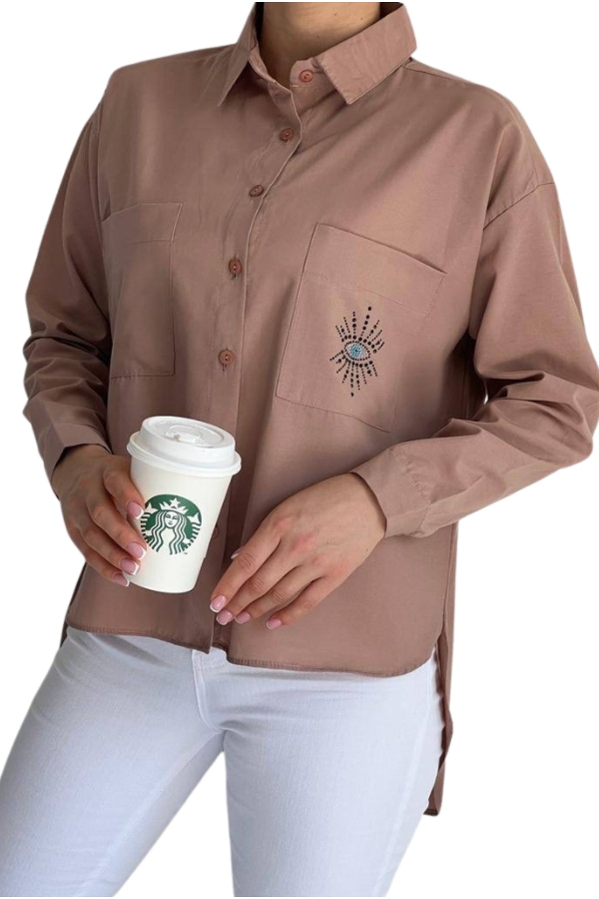 Josephine Women's Cotton Embellished Evil Eye Pocket Shirt - Beige