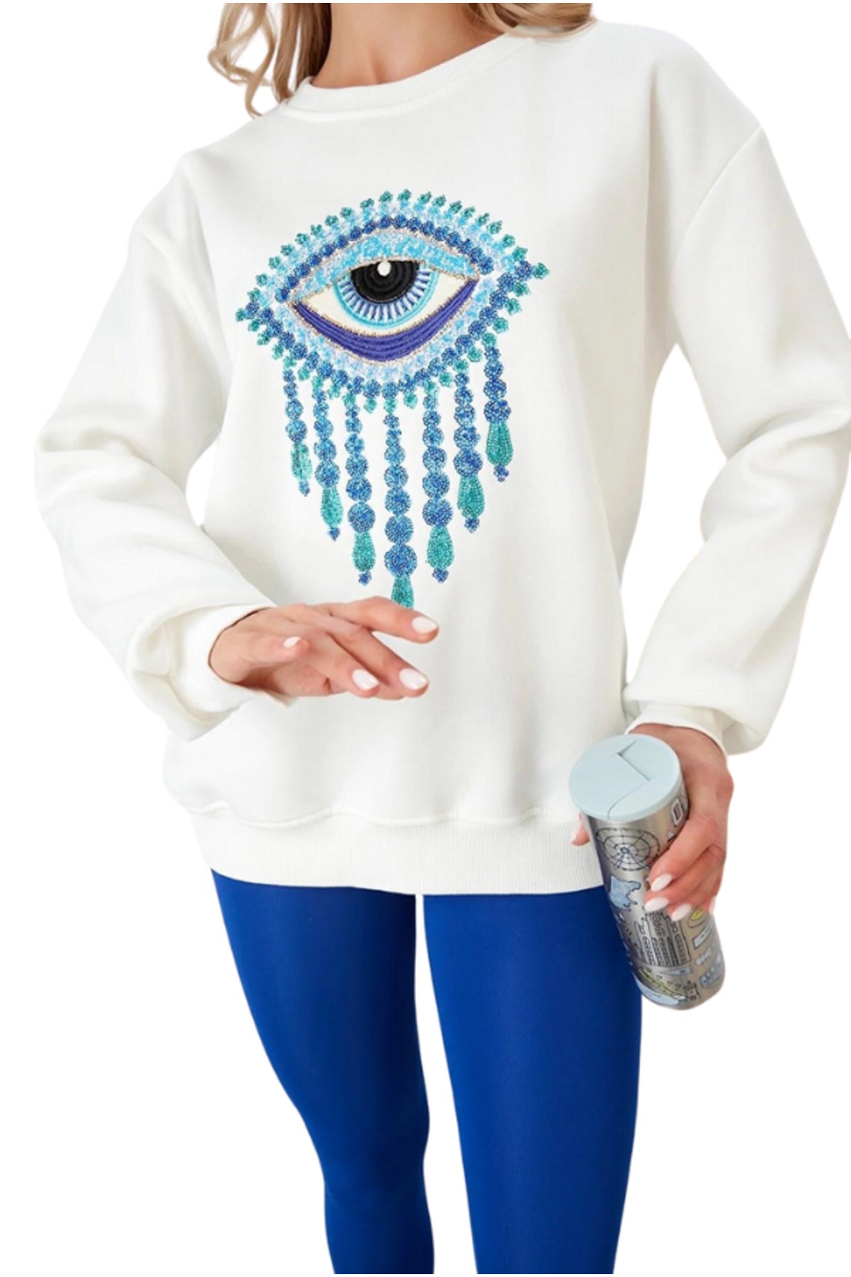 Ava Women's Cotton Embellished Evil Eye Sweatshirt - White