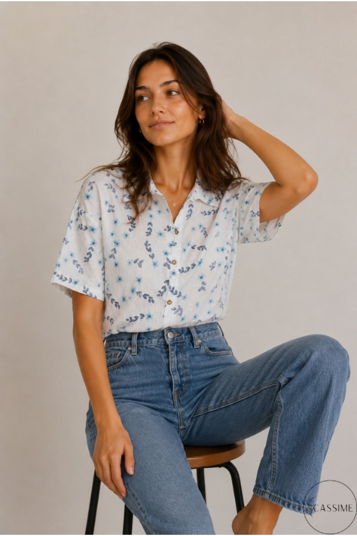 Women's oversized blue floral embroidered button-up shirt - view 6