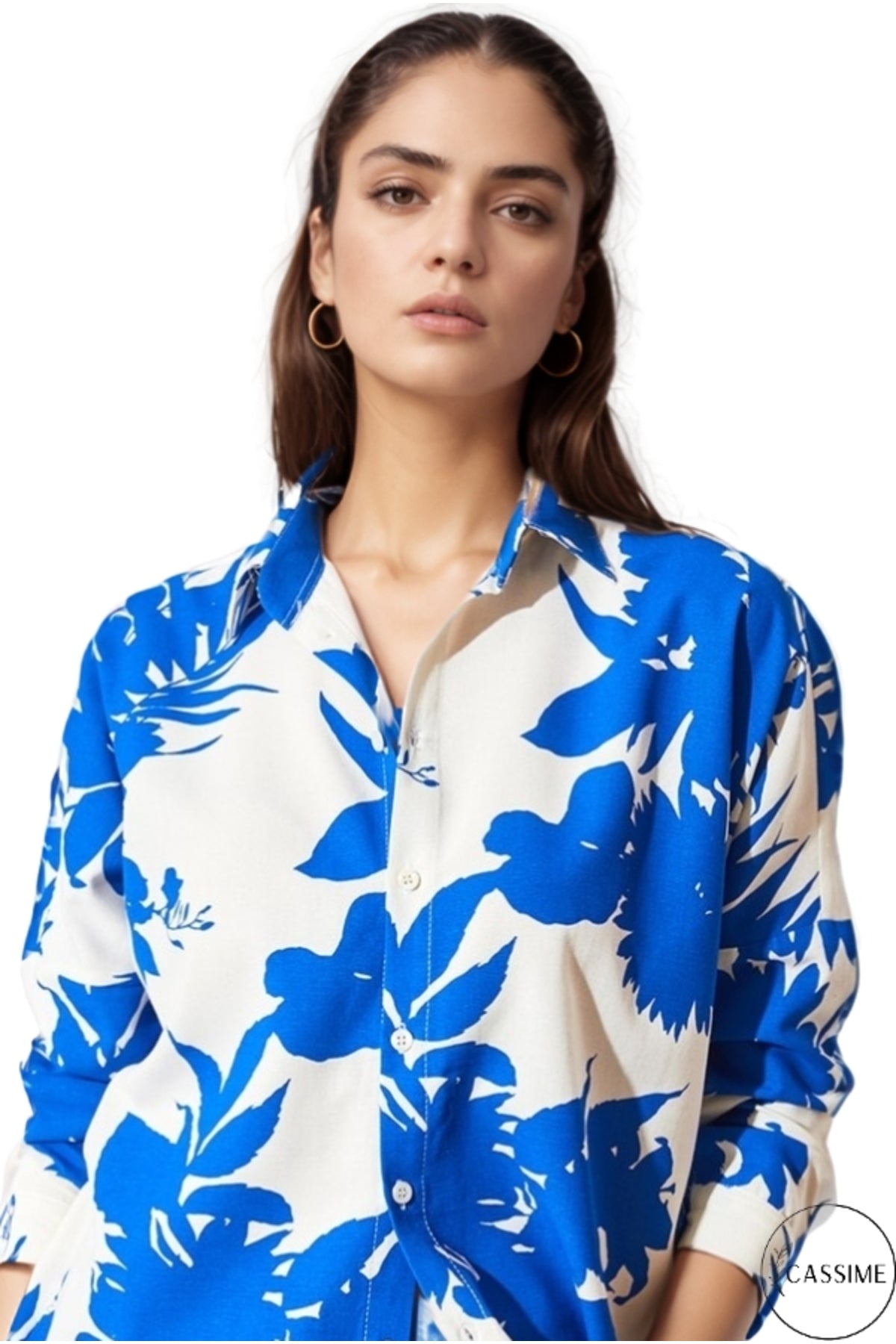 Emilia Women's Linen-Viscose Blend Oversized Printed Shirt - Blue Leaf Floral