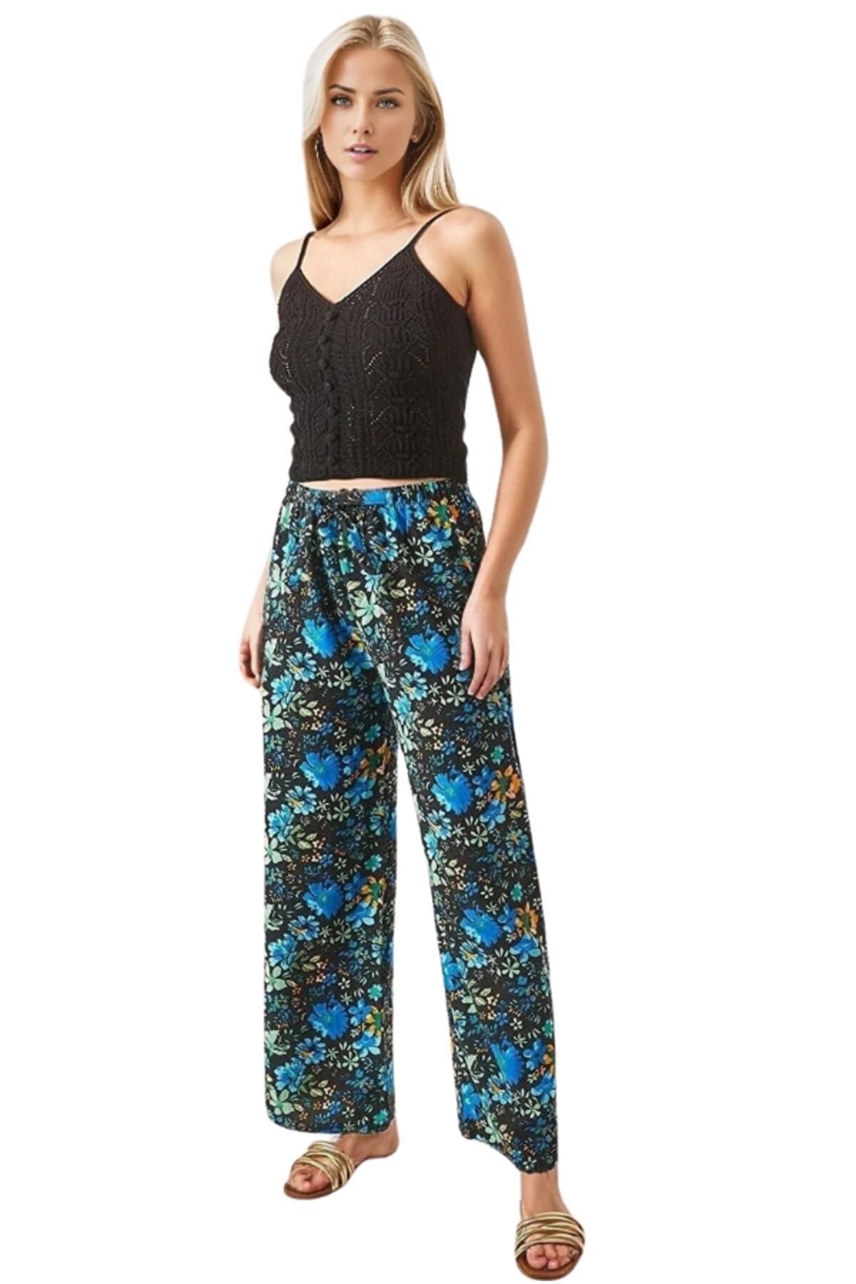 Lucy Women's Linen Blend Wide Leg Palazzo Pants - Black with Blue Floral Print