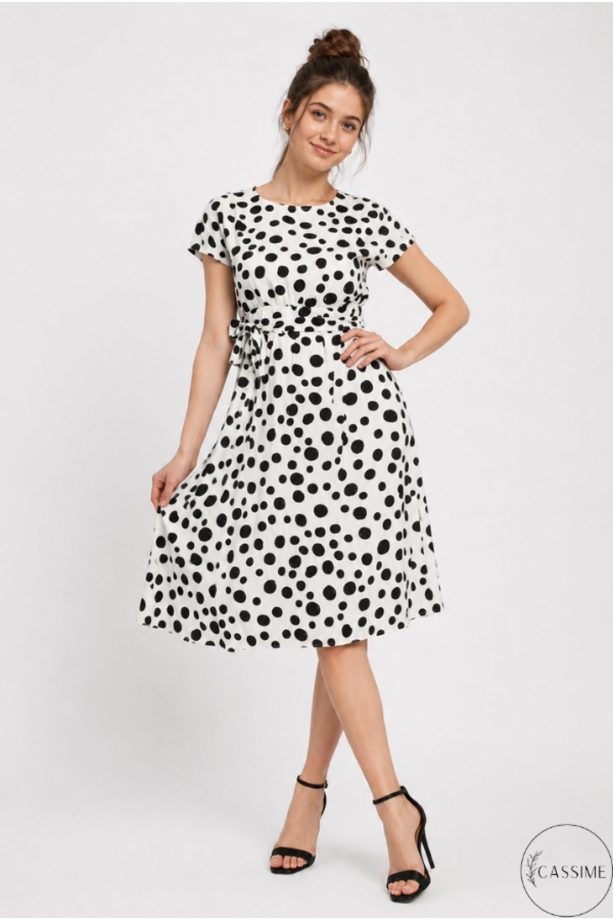 Audrey Women's Viscose Belted Midi Dress - Black Polka Dot