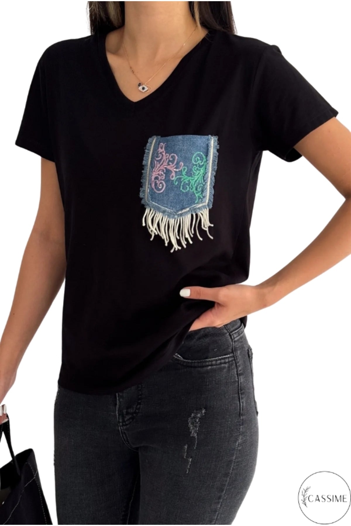 Olivia Women's Cotton Plus Size Embellished V-Neck T-Shirt - Black with Denim Pocket