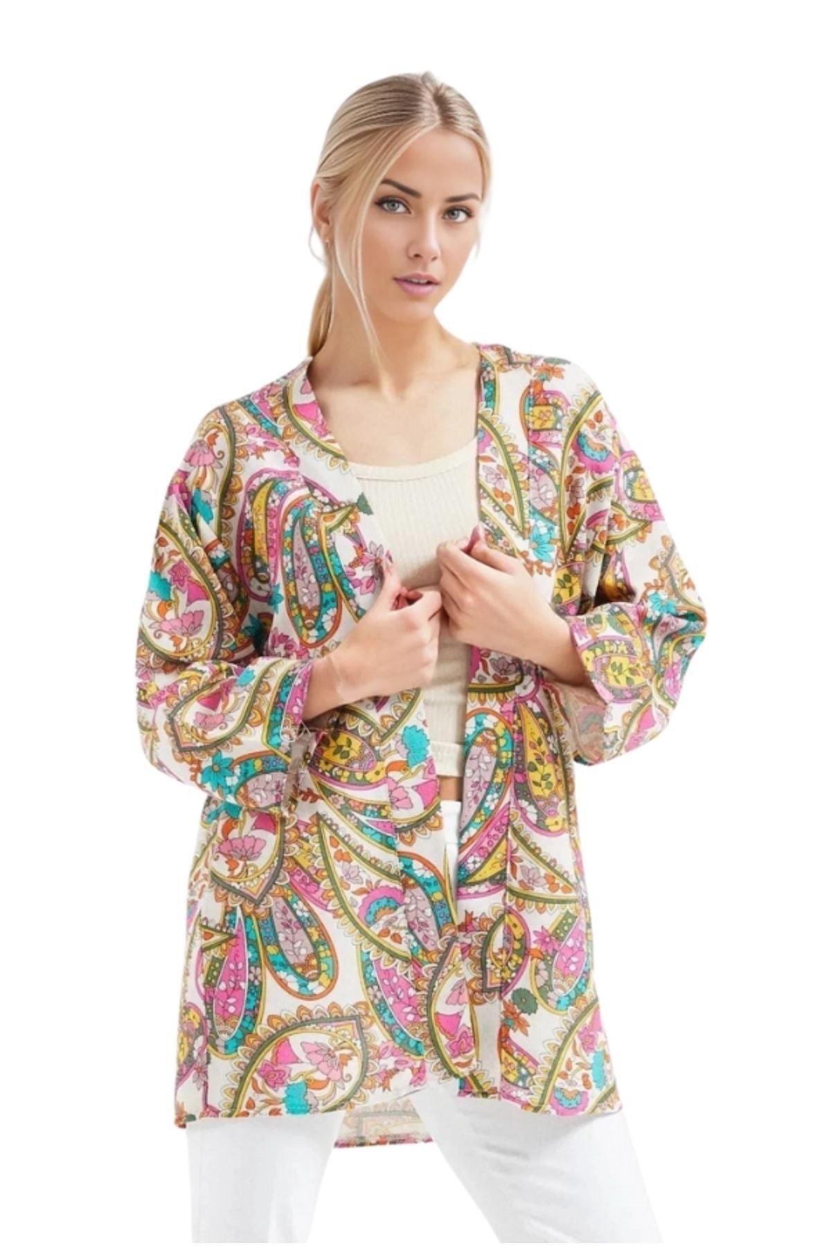 Catherine Women's Linen-Viscose Blend Relaxed Fit Kimono - Multicolor Boho Print