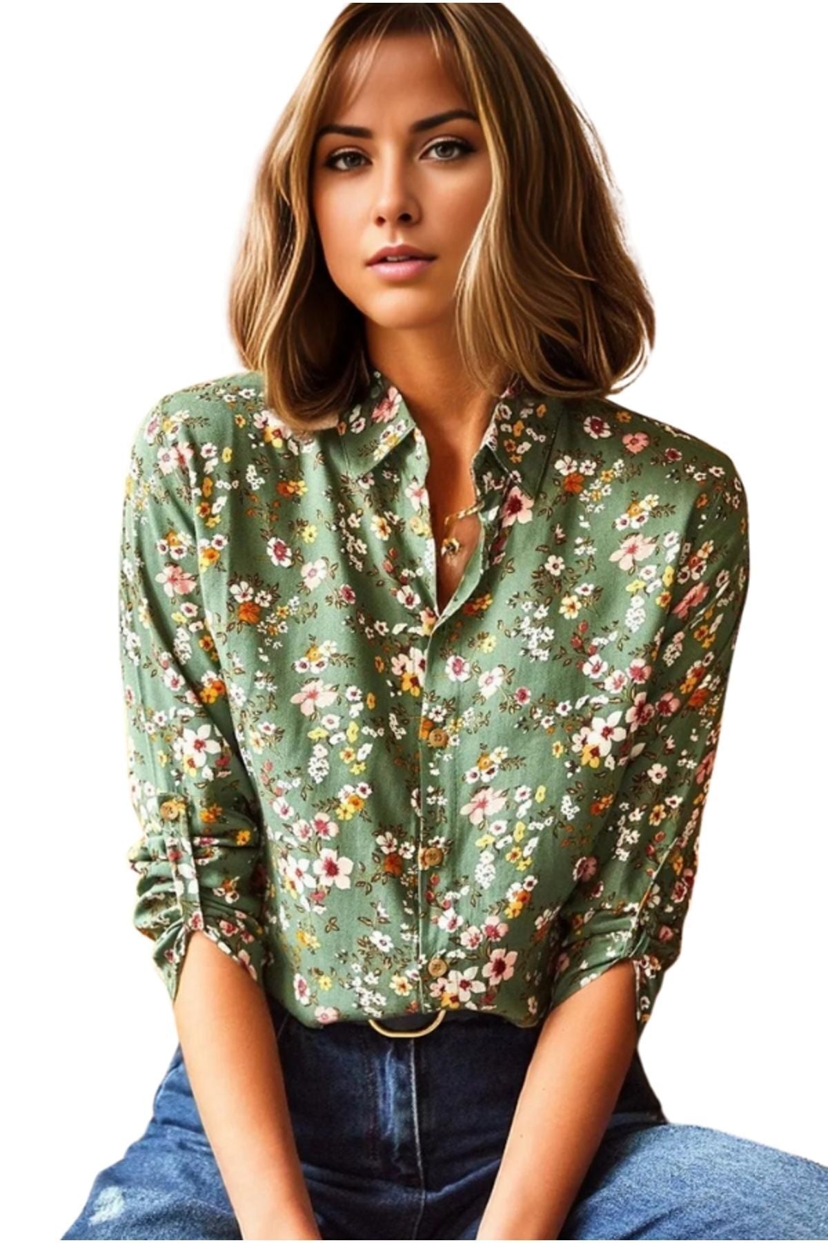 Amelia Women's Viscose Long Sleeve Button-Up Shirt - Khaki Mini Floral